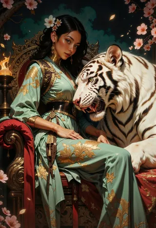 Hyper-realistic portrait of a royal warrior woman in a silk dress seated on an ornate jade throne beside a massive white tiger under cherry blossoms and cinematic lighting.