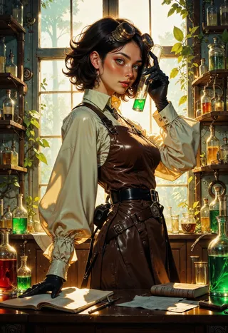 Steampunk-inspired woman wearing goggles and leather apron in a vintage laboratory, examining a glowing green potion in a test tube, surrounded by bottles and scientific equipment.