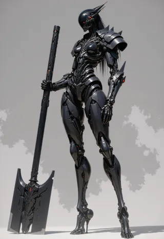 Highly detailed, hyper realistic female biomechanical robot clad in sleek black futuristic armor holding a large dark hammer against a plain grey background.