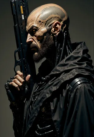 Hyper realistic side profile of a bald, bearded male android cyborg holding a gun, detailed with cyberpunk elements and tech cables.