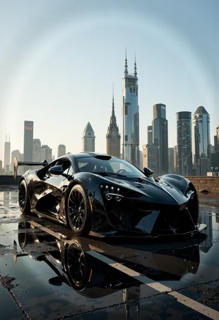 Highly detailed futuristic black cyberpunk car parked on a wet rooftop reflecting the vehicle and city skyline in the background, rendered in ultra hyper-realistic style.