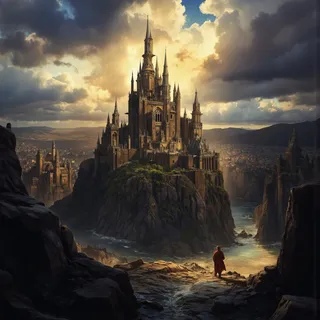 A majestic ancient city centered on a towering castle atop rocky cliffs illuminated by dramatic golden light under a cloudy sky with a solitary figure standing on rocky foreground near a river.