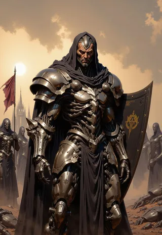 A hyper-realistic battle-worn knight in ornate steel armor with a hooded cloak stands resolutely at dawn on a medieval battlefield littered with fallen soldiers and weapons, holding a shield and longsword.