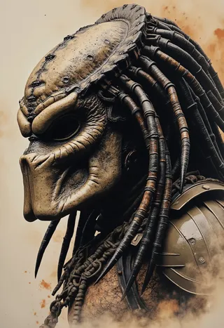 Photorealistic ink art portrait of the Predator character from the movie, showing a menacing dark fantasy style with detailed armor and dreadlocks.