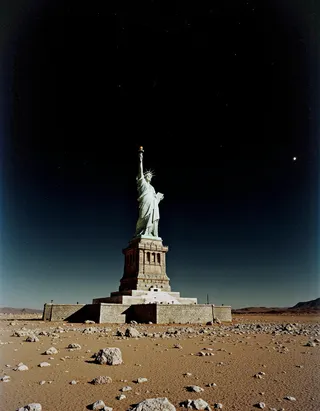 Wide shot of the Statue of Liberty standing on a rocky Martian plain with Valles Marineris in the distance under a starry night sky, captured in analog photography style with high contrast and long exposure.