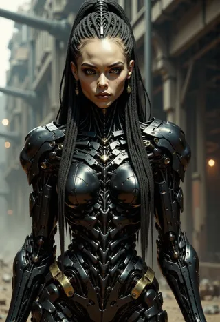 Detailed digital artwork of a cyberpunk female character wearing a futuristic black robotic exoskeleton with braided hair in an industrial setting.