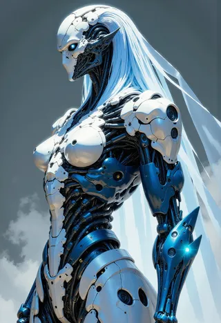 Highly detailed ice robot with a frost aura and perfect anatomy, featuring dynamic metallic blue and white armor under sharp cinematic lighting.