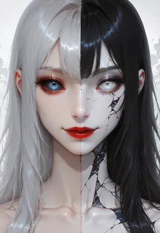 Close-up portrait of a female with half black hair and half white hair, cracked pale skin on one side, red lips, and differently colored eyes staring directly at the viewer.