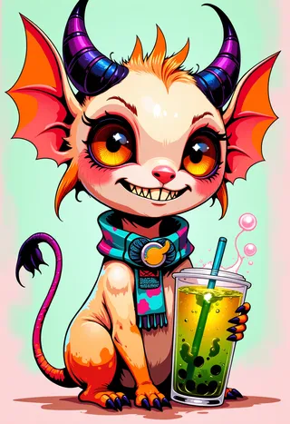 A whimsical demon with large orange eyes, purple striped horns, small bat wings, and orange bat ears, wearing a colorful knitted scarf and holding a green bubble tea cup with black tapioca pearls, set against a soft pastel background.