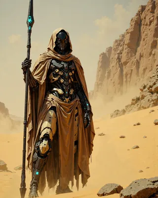 A futuristic Articyborg nomad clad in sand-toned biomechanical armor and tattered desert robes, holding a glowing staff-spear, standing in a rocky desert wasteland.