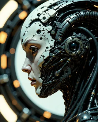 Close-up profile of a cybernetic queen with hyperrealistic biomechanical textures blending pale post-human skin and intricate metallic components, illuminated by cool integrated lighting.