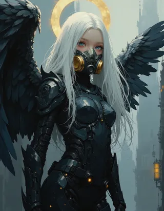 A futuristic young female angel with flowing white hair and glowing blue eyes wearing sleek black armor and a gold-accented gas mask, black wings spreading behind her and a gold halo above, flying over a misty cyberpunk city.