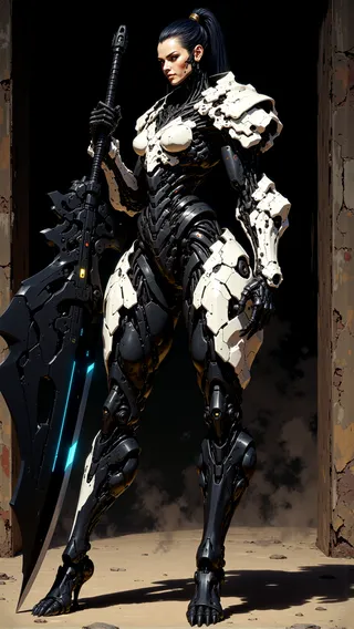Highly detailed futuristic female warrior in biomechanic armor holding a massive energy blade, standing in a dark abandoned warehouse with dramatic lighting.