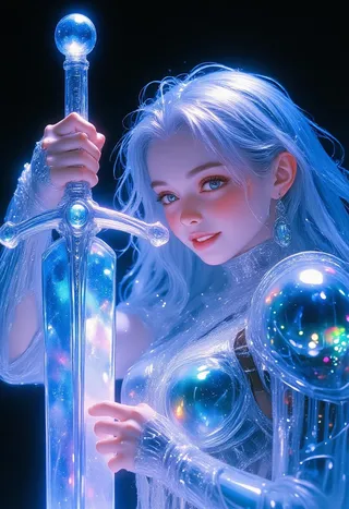 Close-up of a cybernetic nymph holding a glowing spectral sword, clad in radiant, translucent armor with blue neon hues and shimmering silver hair.