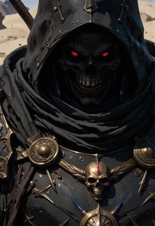 Close-up of a hooded skeleton gunslinger with red glowing eyes wearing dark detailed armor adorned with skull emblems and gold ornaments, set against a desert background.
