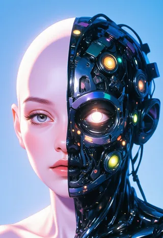 Close-up of a humanoid robot head split in half, with one side showing a smooth, pastel-colored human face and the other side featuring a detailed mechanical structure with glowing neon circuits and components.