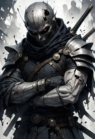 Close-up of a dark armored assassin wearing a cracked oni mask with glowing red eyes, holding a katana on his back.