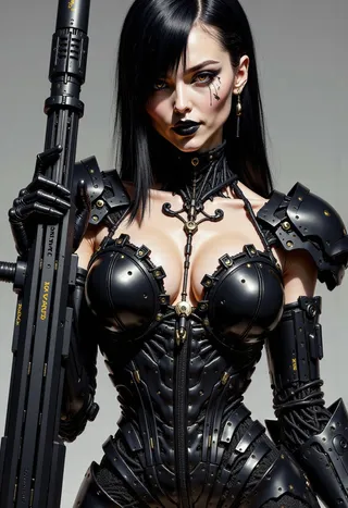 A gothic girl soldier with black and white hair, cybernetic enhancements, and armored black corsetry holding a large energy cannon.