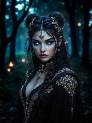 Portrait of a fantasy sorceress with glowing blue eyes, wearing a dark neo-baroque gown adorned with sapphire-like gemstones and ornate jewelry, set in a mystical twilight forest.