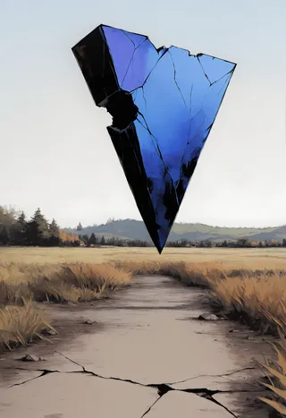 A large broken blue monolith with cracks floats above a cracked dirt path surrounded by dry grass fields under sunlight with hills and trees in the background.