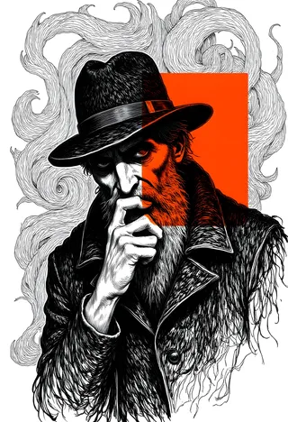 Highly detailed ink sketch of an elderly man with a beard wearing a wide-brimmed hat, partially overlaid by an orange rectangle, set against an abstract swirling line background.