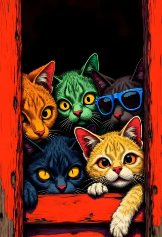 A digital drawing of five colorful anthropomorphic cats peeking through a worn red wooden door frame, featuring expressive eyes and one cat wearing blue sunglasses.