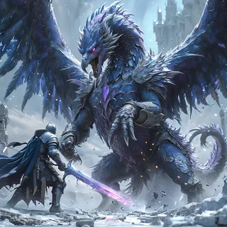 A knight in full armor facing off against a giant fantasy ice phoenix with glowing eyes and icy feathers in a snowy graveyard setting.