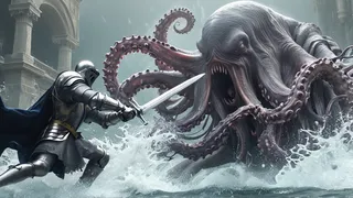 A hyper-realistic scene of a knight in full armor fighting a giant mythical kraken octopus with a sword amidst splashing water and ancient stone pillars in the background.