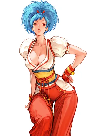 A high-resolution anime-style female character with vibrant blue hair and red eyes, dressed in a colorful, detailed outfit with red pants and a white top.