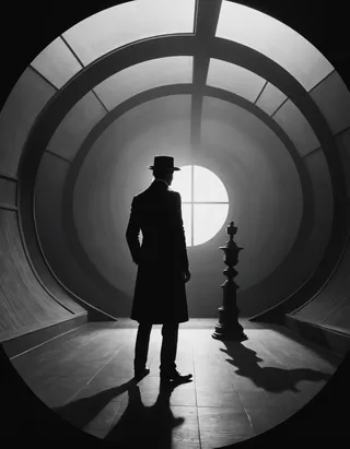 Silhouette of a man in a hat and long coat standing in a circular, retro-style room with dramatic chiaroscuro lighting and strong shadows in black and white.