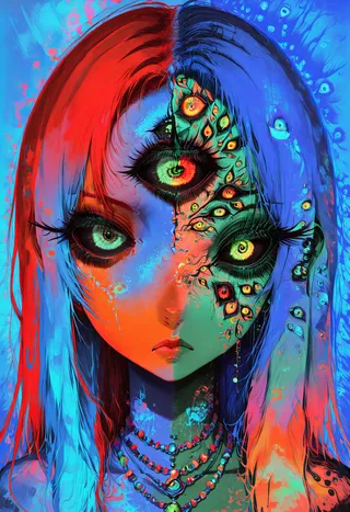 Vivid portrait of a girl with long, split red and blue hair, green and orange skin tones, featuring a third large eye on her forehead and multiple smaller eyes on her face, against a blue background.