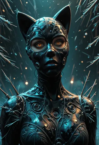 Catwoman wearing a black, detailed facemask and a colorful suit integrated with fir needles, surrounded by a storm of swirling needles and glowing elements.