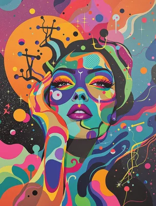 A colorful avant-garde female spacewoman portrait with bold, abstract graphics and cosmic elements in a vibrant psychedelic color palette.