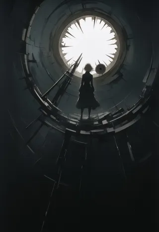 Silhouetted young female standing inside a large circular mechanical and organic structure with a bright broken light at the top, creating a high contrast surreal atmosphere.