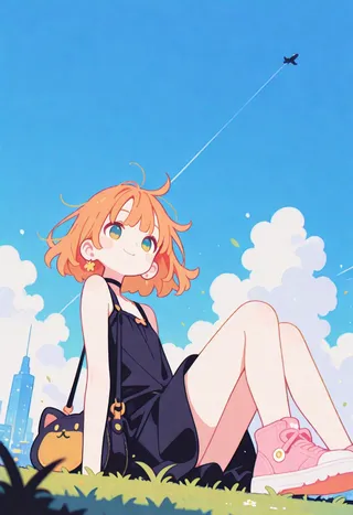 Cute anime girl with orange hair sitting on grass, wearing a black dress with pink sneakers, a cat-shaped bag, under a blue sky with clouds and cityscape background