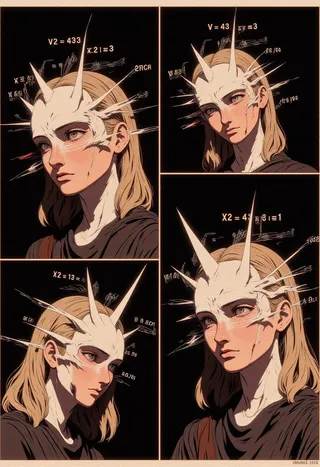 A digital collage featuring four panels of a blonde woman wearing a white surreal mask with spikes, overlaid with mathematical equations, showing varied expressions.