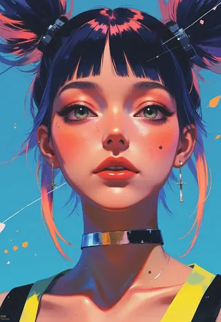 Vibrant digital drawing of a young woman with fair skin and expressive green eyes, dark indigo hair with pink streaks in two high pigtails, wearing a metallic silver choker against a bright blue background.