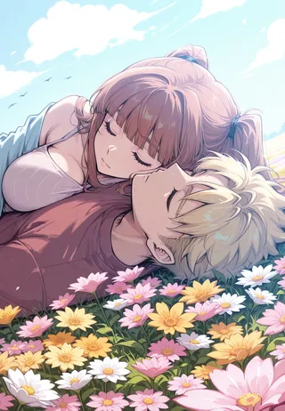 Anime couple peacefully sleeping in a field of colorful flowers with a bright blue sky and clouds, shown in a soft dutch angle view.