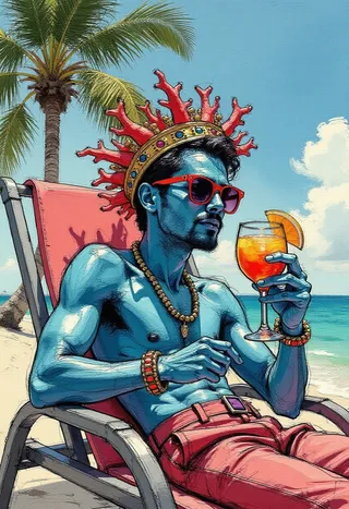 Blue-skinned Nepun the king of the sea wearing a coral crown and red sunglasses, relaxing on a sunlounger at the beach while holding a colorful cocktail.