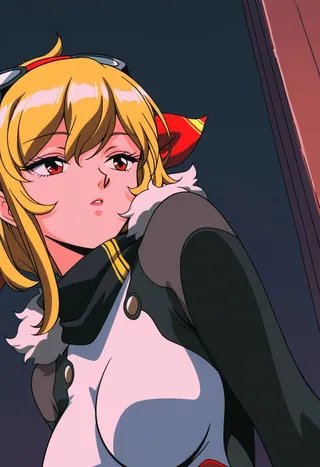 Kaela Kovalskia depicted in retro animation style with blonde hair and red eyes, shown in angled cinematic scene wearing a dark outfit with fur accents.