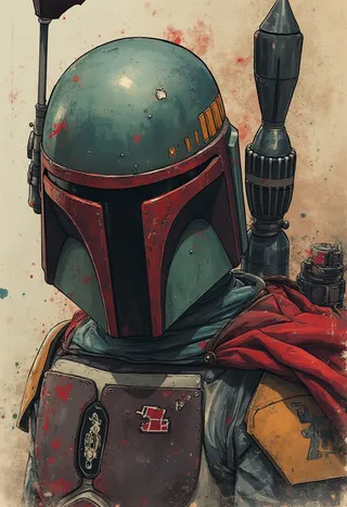 Photorealistic ink art portrait of Boba Fett from Star Wars with menacing expression and detailed armor in dark fantasy style