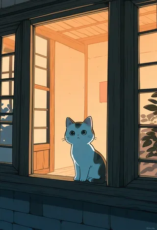 A cute cat sitting on the ledge of a wooden window of a two-story house during evening, looking curiously outside with warm indoor lighting behind.