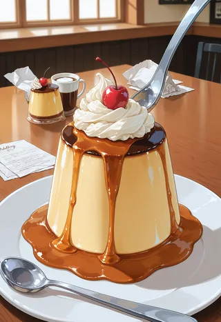 Close-up of a pudding topped with whipped cream and cherry, dripping caramel syrup on a white plate with a spoon, set in a cozy cafe environment.