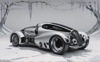 Sleek titanium futuristic car with vintage design elements inspired by Rene Lalique, set against a minimalistic, monochrome background with barren trees.