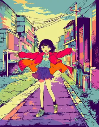 Anime girl wearing a red jacket and pleated skirt, standing on a colorful urban road with arms outstretched, smiling in an anime coloring style.