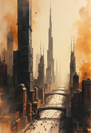 Futuristic sci-fi cityscape featuring towering skyscrapers and gleaming advanced towers rendered in sepia ink splash and watercolor on rice paper, under a clear sky.