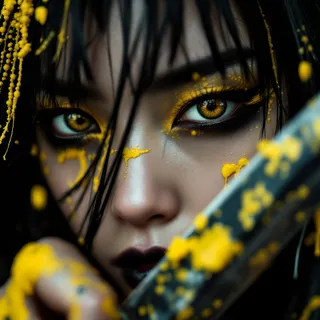 Extreme close-up portrait of a young Japanese woman with intense sharp gaze, black hair with yellow paint splatters, dramatic yellow makeup and black lipstick, holding a katana.