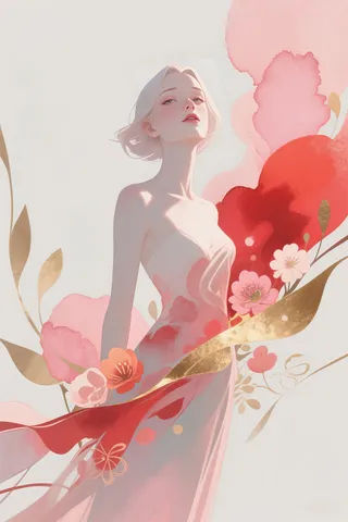 Ethereal female figure in a flowing dress adorned with watercolor flowers and golden abstract leaves, rendered in a delicate minimalist style with soft pink, red, and gold hues.