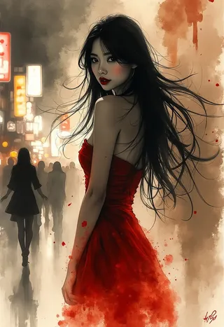 A stunning Japanese woman with long flowing hair and red cocktail dress stands with a direct gaze on a blurred Tokyo backstreet at night, rendered in watercolor ink wash style.