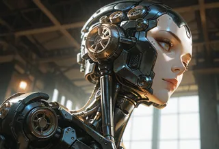 Photorealistic close-up of an android woman with black metal limbs and a faceless robot head, featuring cinematic lighting and a cyberpunk steampunk aesthetic.